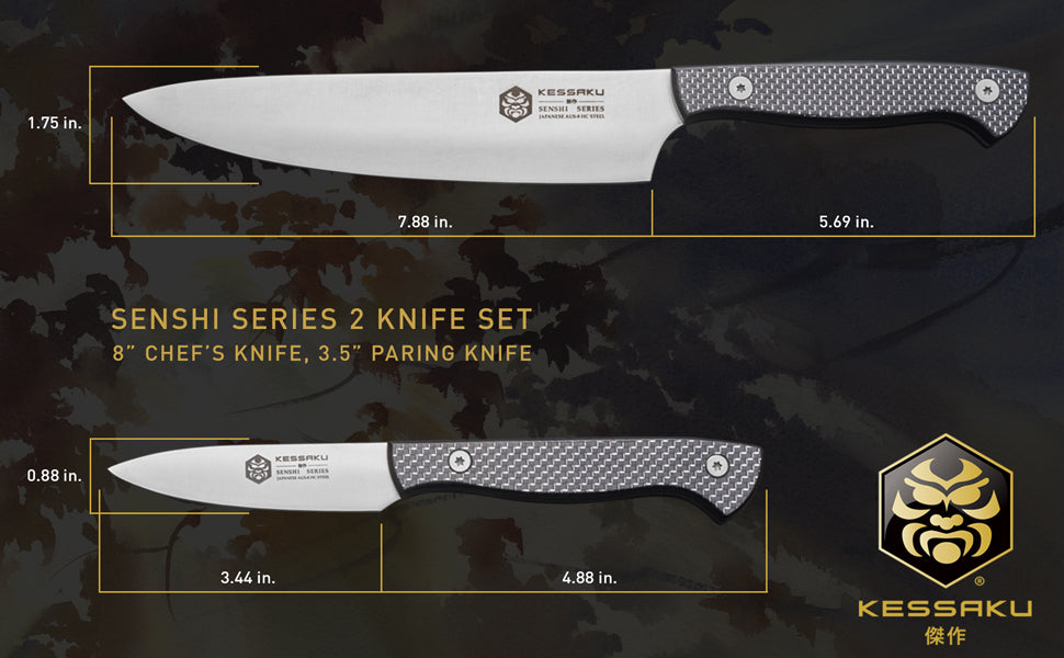 The Kessaku Senshi Series 8-Inch Chef's and 3.5-Inch Paring Knives' dimensions