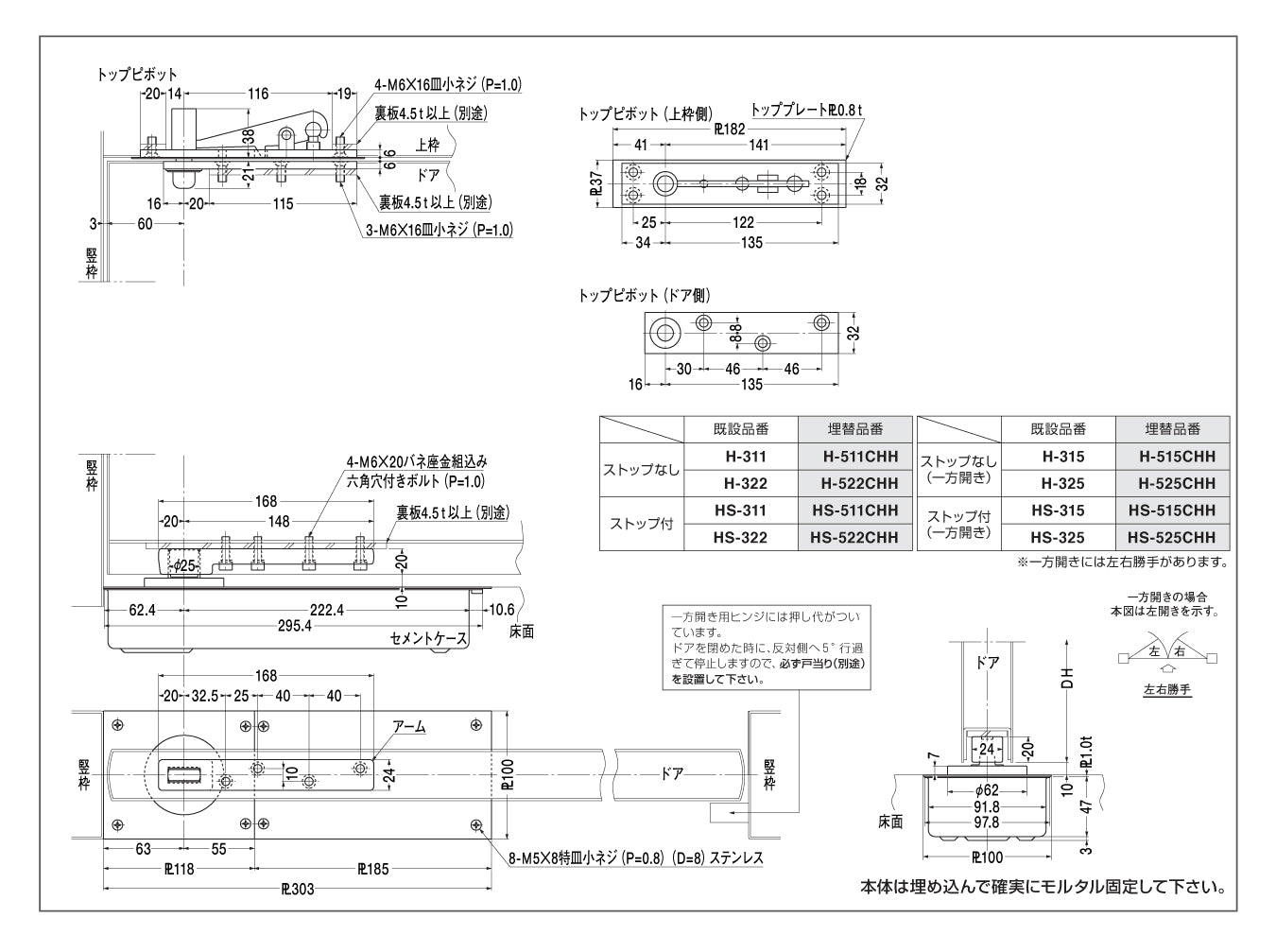 保障できる】 日本ドアーチェック NEWSTAR ニュースター フロアヒンジ E-515CHH ストップ無 埋替用