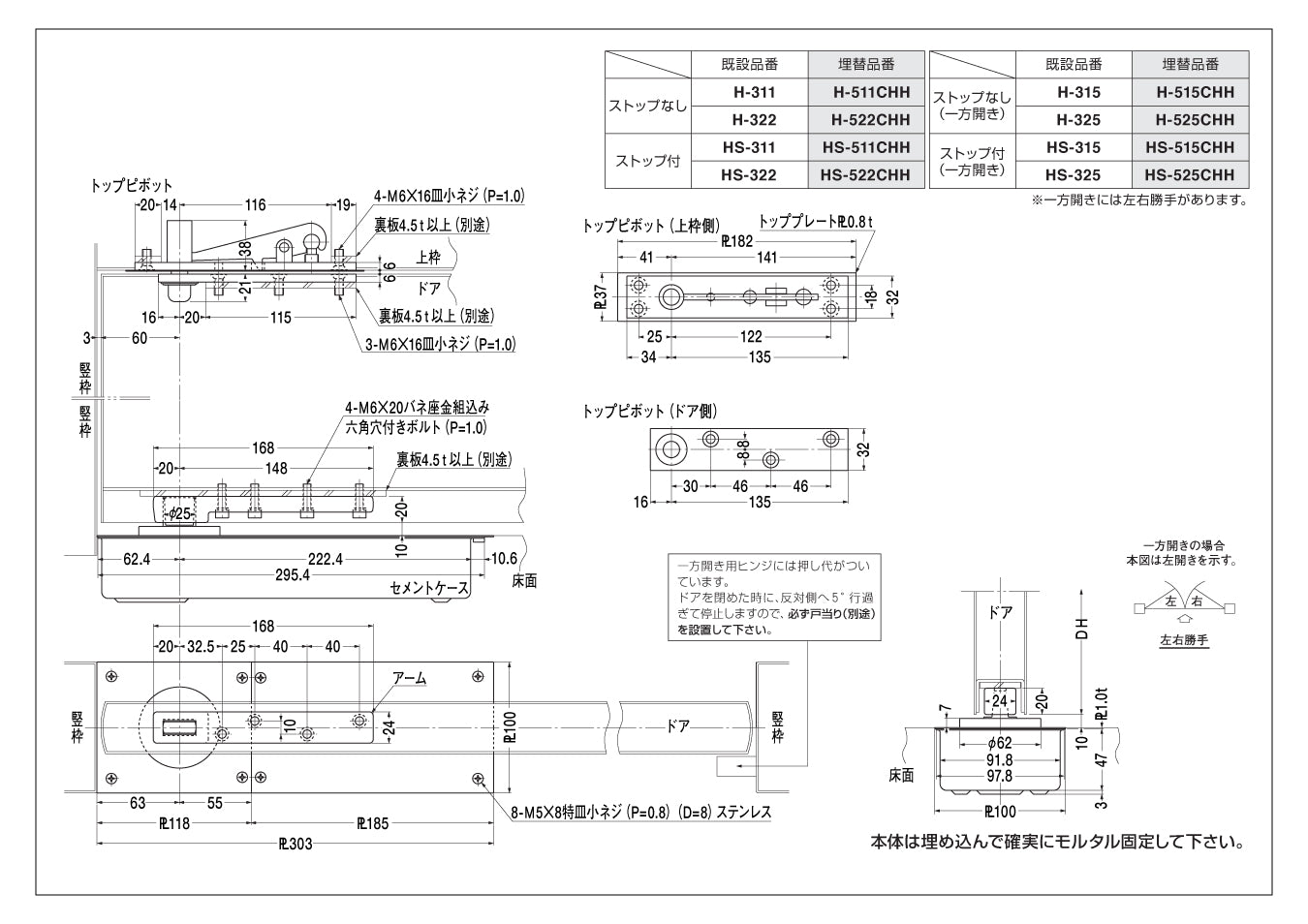 日本ドアーチェック NEWSTAR フロアヒンジ HS-525CHD 取替用