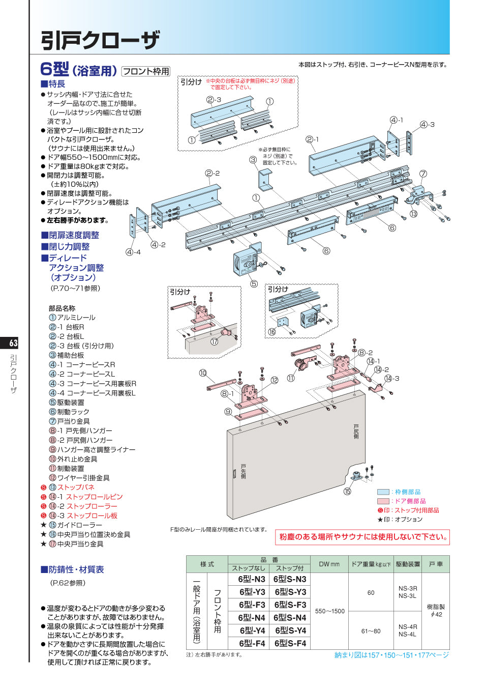 日本ドアチェック製造 ニュースター 引戸クローザ 6型（浴室用） 標準枠用 ストップなし 6型-4 ドア重量81〜100kg以下 - 1