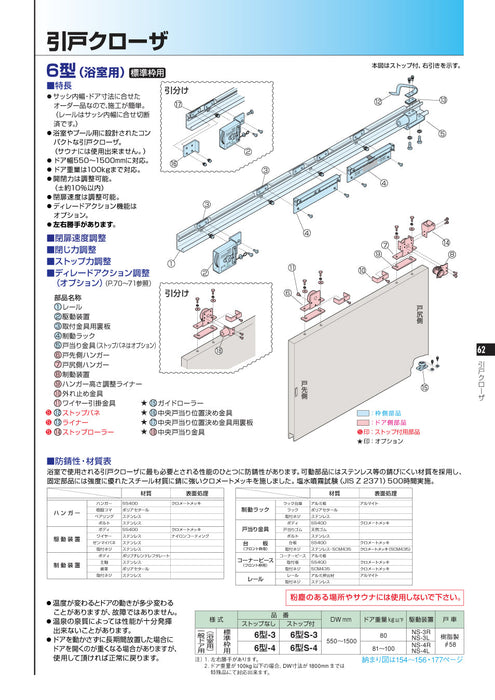 トラスト イーヅカ日本ドアチェック製造 ニュースター 引戸クローザ ６型 浴室用 フロント枠用 ストップなし 6型-N4 ドア重量61〜80kg以下 
