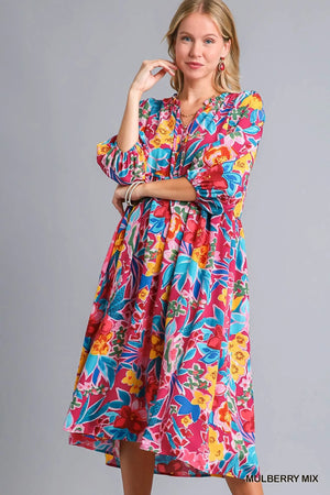Umgee Full Size Floral Print Tie Neck Midi Dress with Pockets Plus Size - Mickan Gin Boutique
