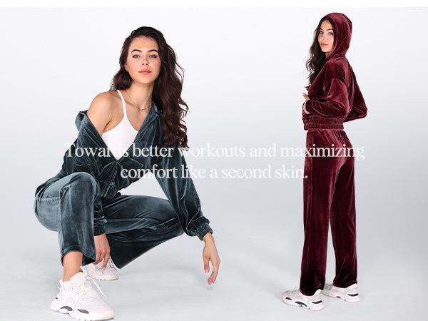 Ododos Velour Tracksuit 2 Piece Outfits Long Sleeve Cropped Zip Hooded Sweatshirt and Track Pants Set