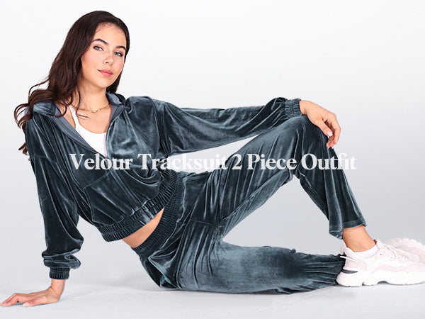 Ododos Velour Tracksuit 2 Piece Outfits Long Sleeve Cropped Zip Hooded Sweatshirt and Track Pants Set