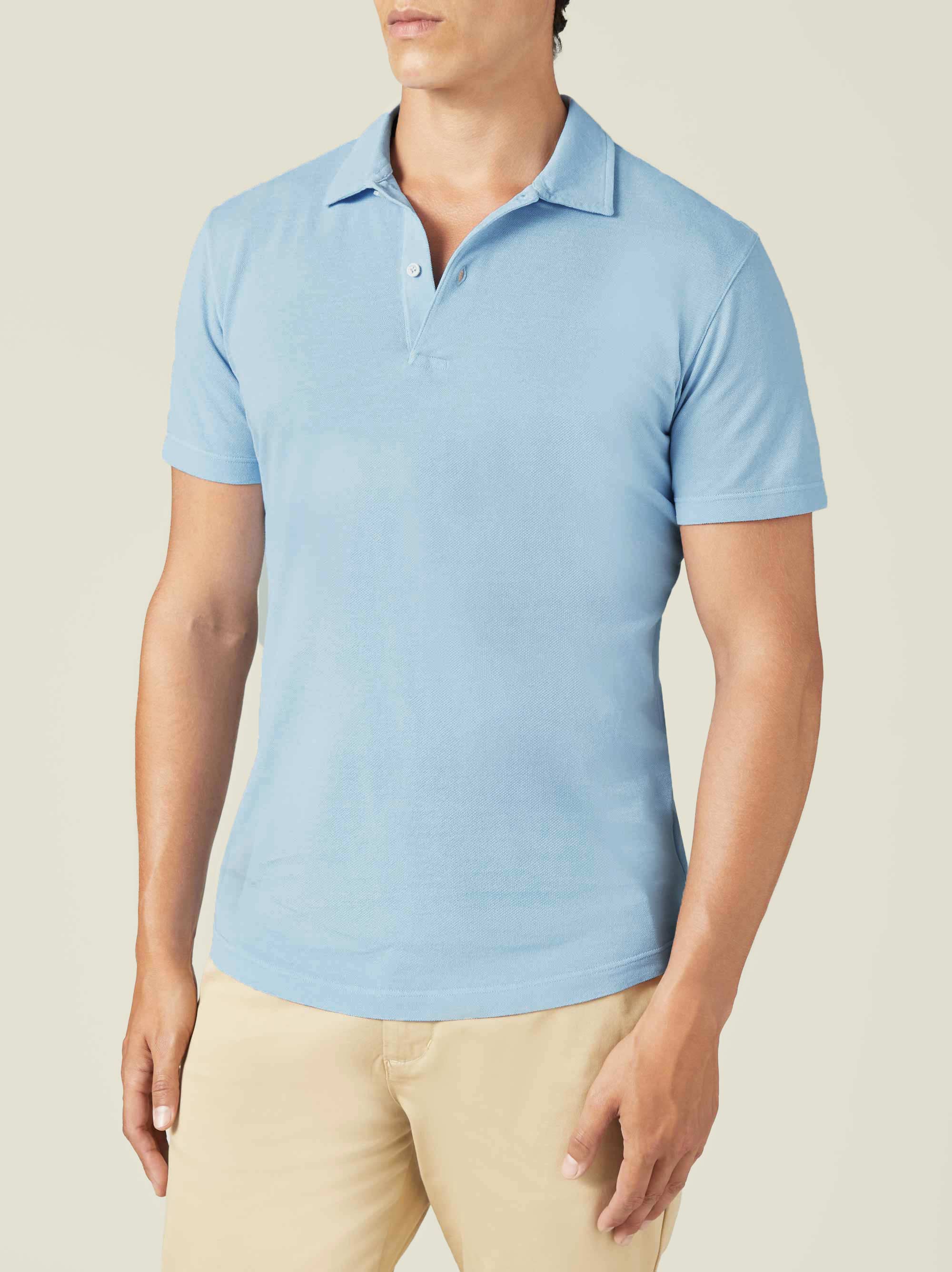 Luca Faloni's Men Light Blue Classic Piqué Polo - Classic Cutaway Collar - Short Sleeved - Garment Dyed - Made in Italy