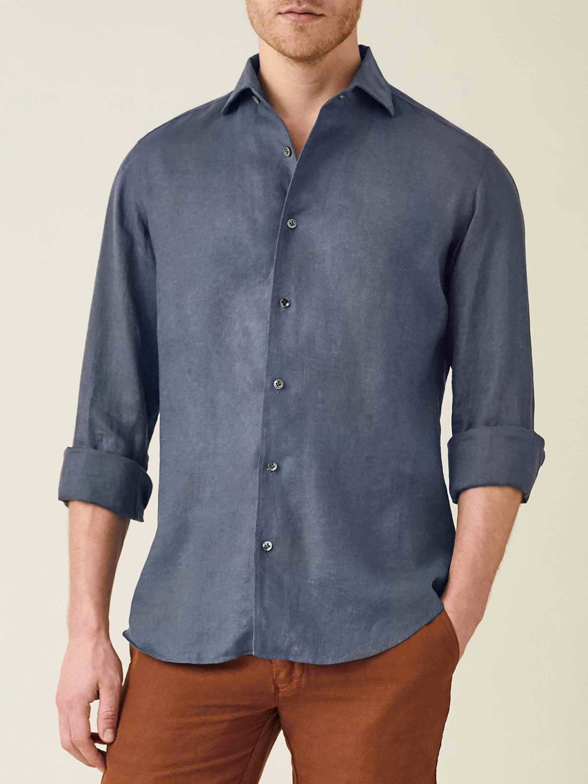 Luca Faloni's Men Payne's Grey Linen Shirt - One-Piece Classic Cutaway Collar - Made in Italy product
