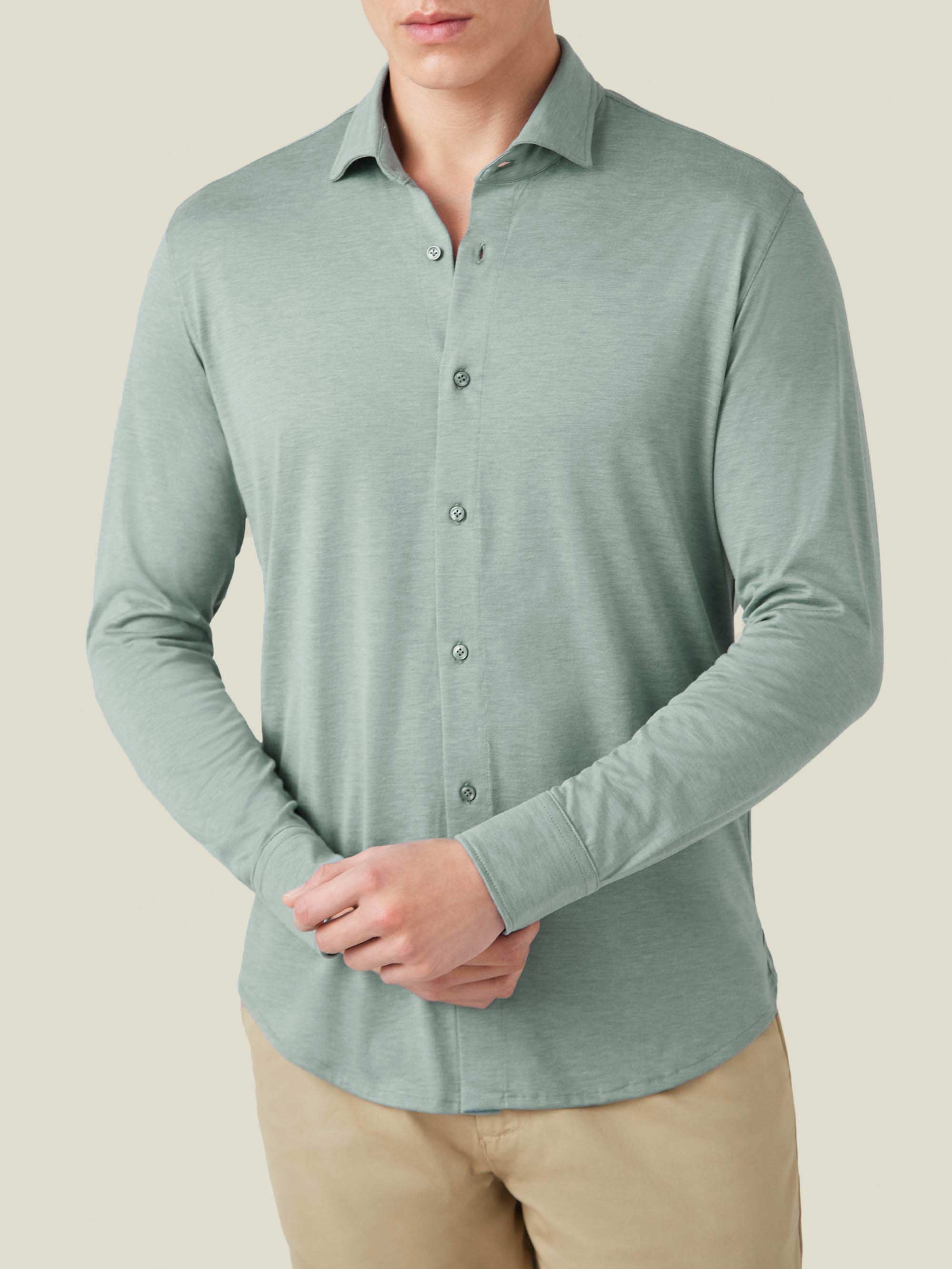 Luca Faloni's Men Marine Green Silk-Cotton Shirt - Classic Cutaway Collar - Long sleeved - Made in Italy