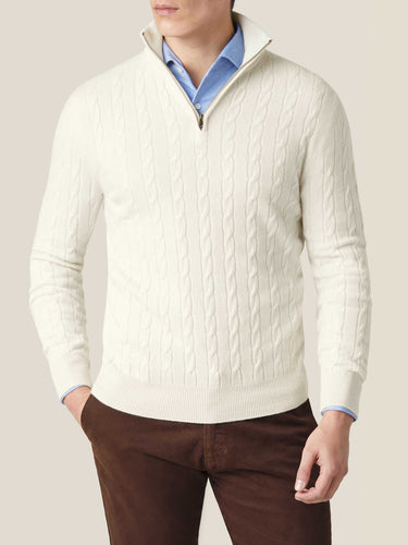 LUCA FALONI | IVORY PURE CASHMERE CABLE KNIT ZIP-UP | MADE IN ITALY