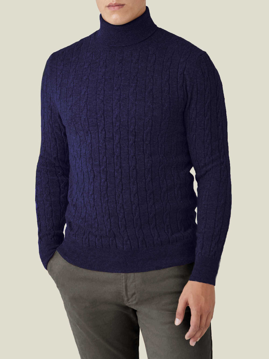 Midnight Blue Pure Cashmere Cable Knit Roll Neck | LUCA FALONI