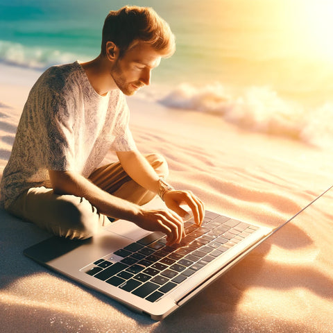 man typing on beach