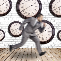 office worker running with clocks in background