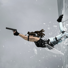 woman jumping through window and shooting gun