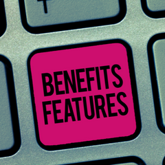 Keyboard button that says "benefits features"