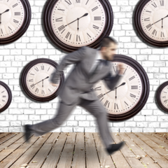 Man running with clocks in background