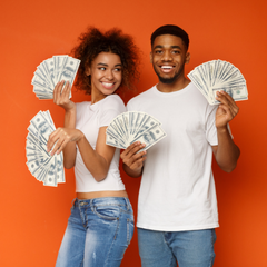 woman and man holding money