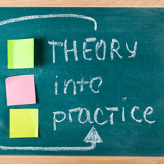 Chalkboard that says "theory into practice"