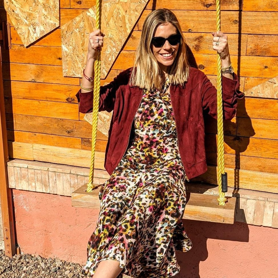 Nicki Shields in the Suede Bomber Jacket in Burgundy