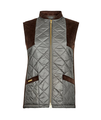 green Quilted Gilet with TROY branded pocket bar & corduroy shoulder & pocket patches