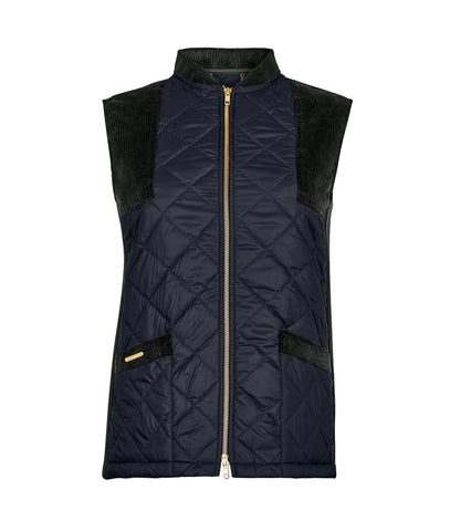 navy Quilted Gilet with TROY branded pocket bar & corduroy shoulder & pocket patches