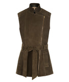 Belted Suede Gilet in Olive