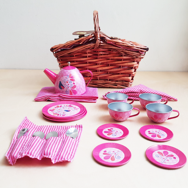 tea set in a basket