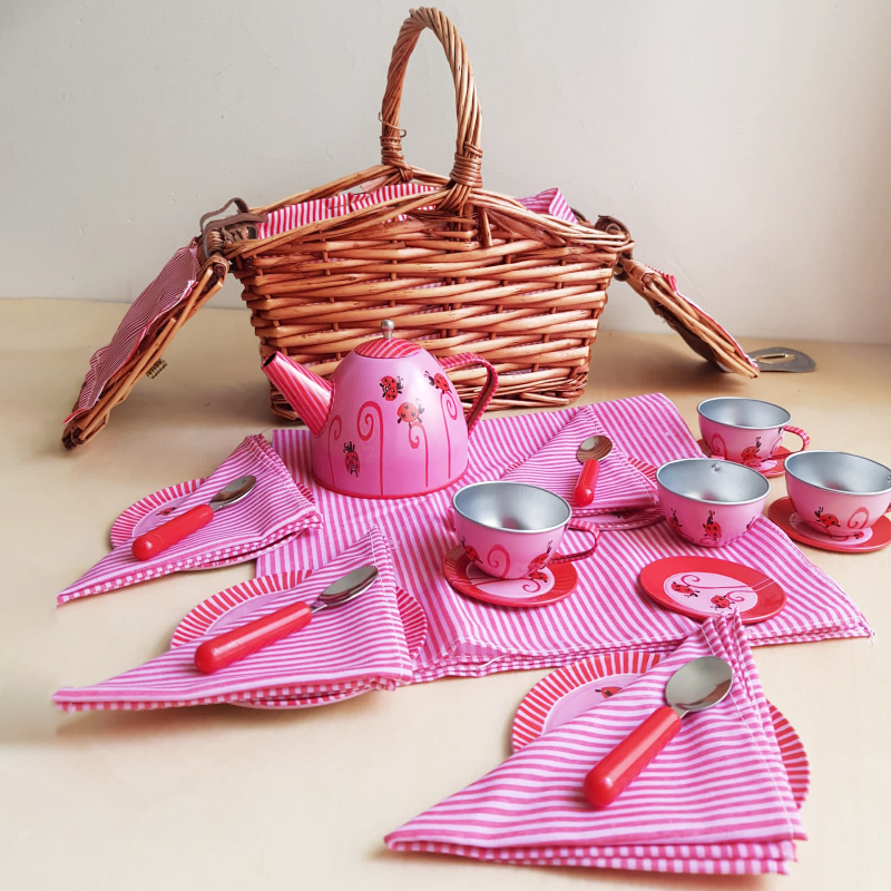 tea set in a basket