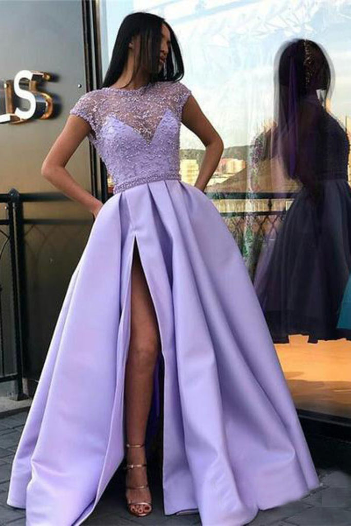Comprar barato Vestidos de largos en color lila con aberturas con cuentas Ver a través de la manga del casquillo vestido de fiesta en línea – Vestidobello