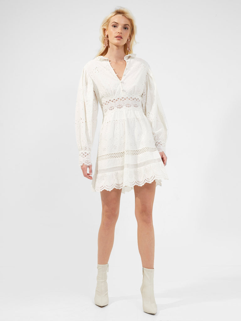 Biton Broidery Balloon Sleeve Mini Dress Linen White | French Connection US