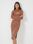 Long Sleeves Ribbed Asymmetric Cutout High-Neck Striped Print Knit Jumper/Midi Dress