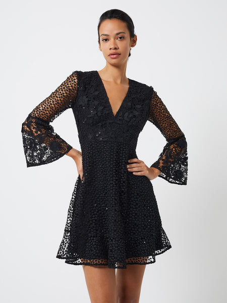 Petite V-neck Back Zipper Sequined Fitted V Back Short Fit-and-Flare Floral Print Lace Little Black Dress