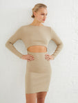 Long Sleeves Round Neck Cutout Ribbed Short Knit Evening Dress