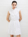 High-Neck Cotton Frill Trim Fit-and-Flare Fitted Tiered Pocketed Fall Sleeveless Short Dress