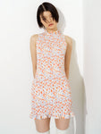 Short Smocked Hidden Back Zipper Crepe Floral Print Sleeveless Dress