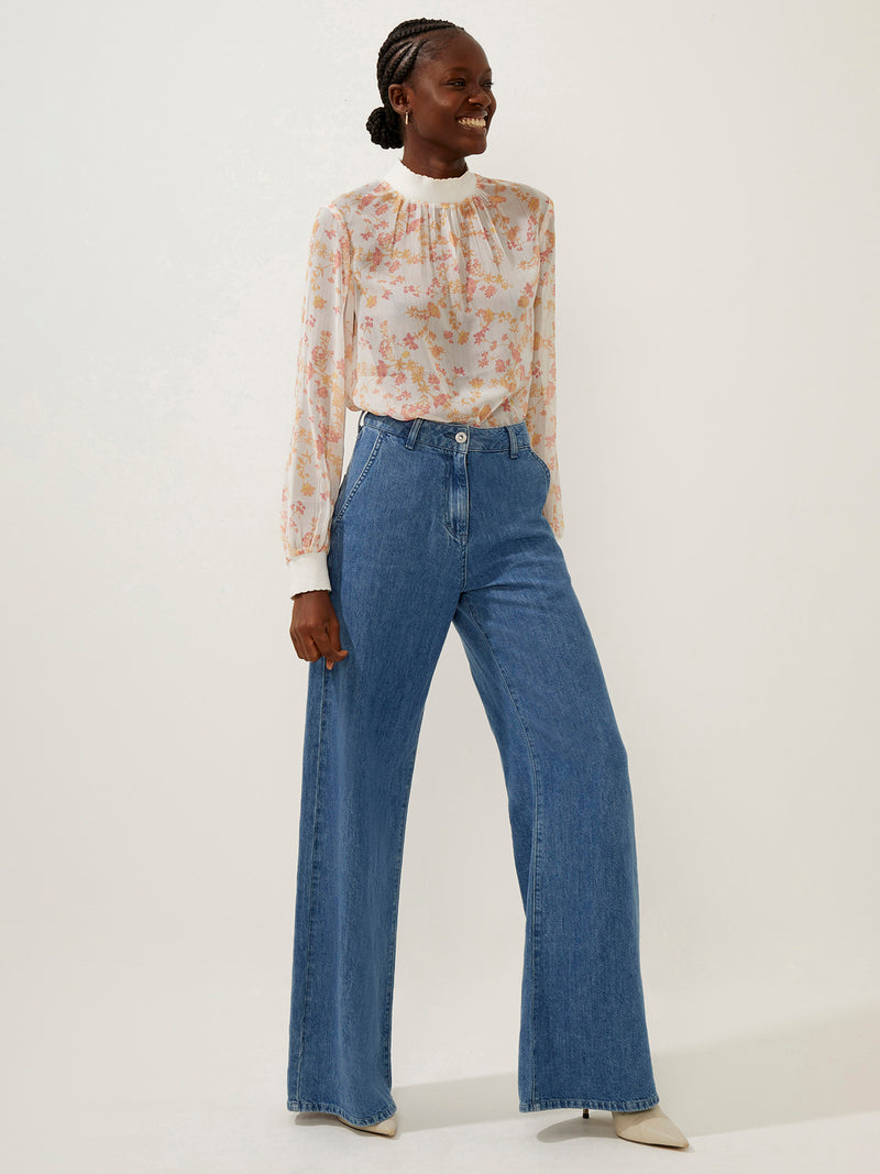 Zuzi Linen Blend Denim Wide Jean Mid Blue | French Connection US