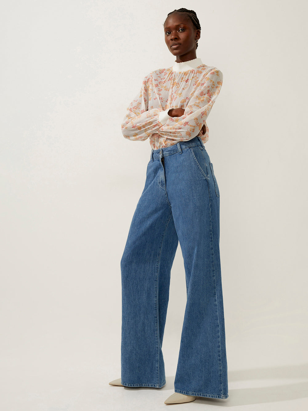 Zuzi Linen Blend Denim Wide Jean Mid Blue | French Connection US