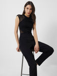 Round Neck Cap Sleeves Back Zipper Stretchy Fitted Mesh Jumpsuit