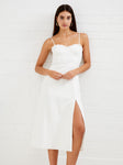 Smocked Sweetheart Crepe Spaghetti Strap Frill Trim Slip Dress/Midi Dress With Ruffles