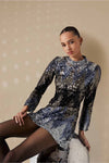 Tall Metallic High-Neck Zig Zag Print Back Zipper Vintage Sequined Short Bell Sleeves Party Dress