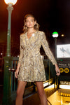 Tall Metallic Long Sleeves Short Back Zipper Glittering Sequined V Back Wrap Party Dress