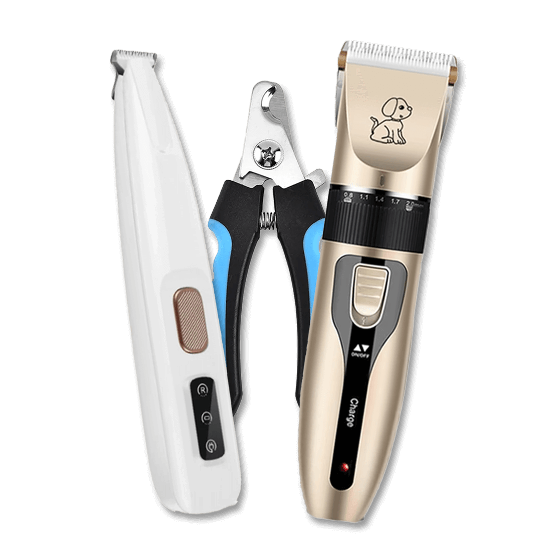 Pet grooming tools including clippers, scissors, and a trimmer.