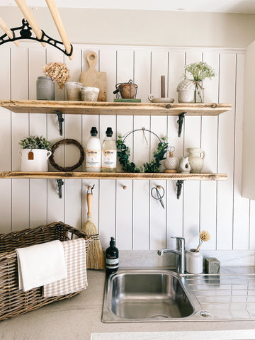 Pantry with white shiplap panelling