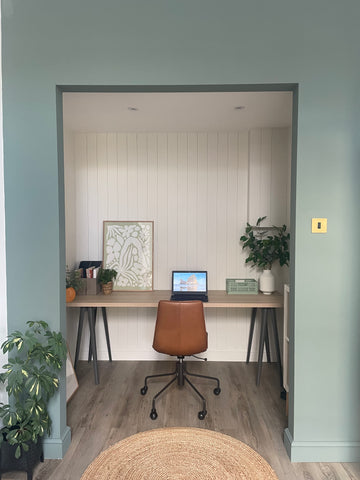 Office nook with white shiplap panelling