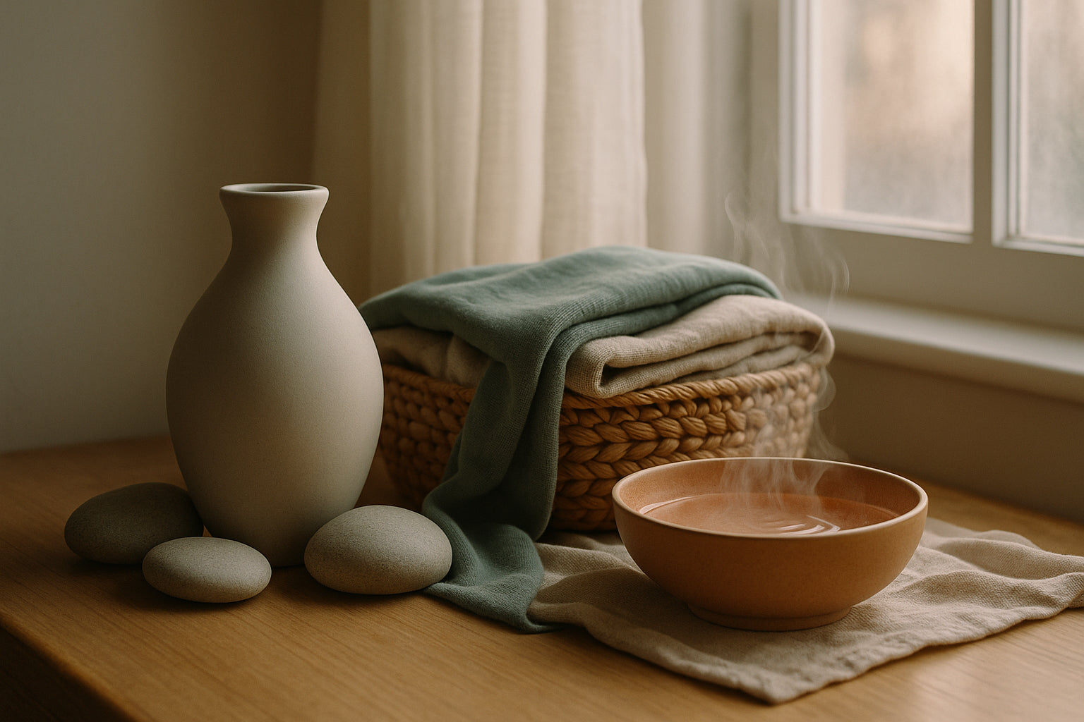 Ceramic vessel with steam, surrounded by river stones, linens, and water in a minimalist, warm space.