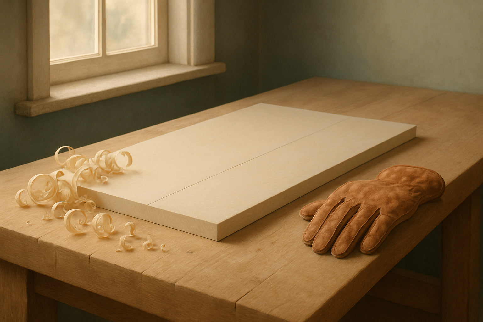 Serene workspace with wood shavings, chalk line, leather glove, and natural light.