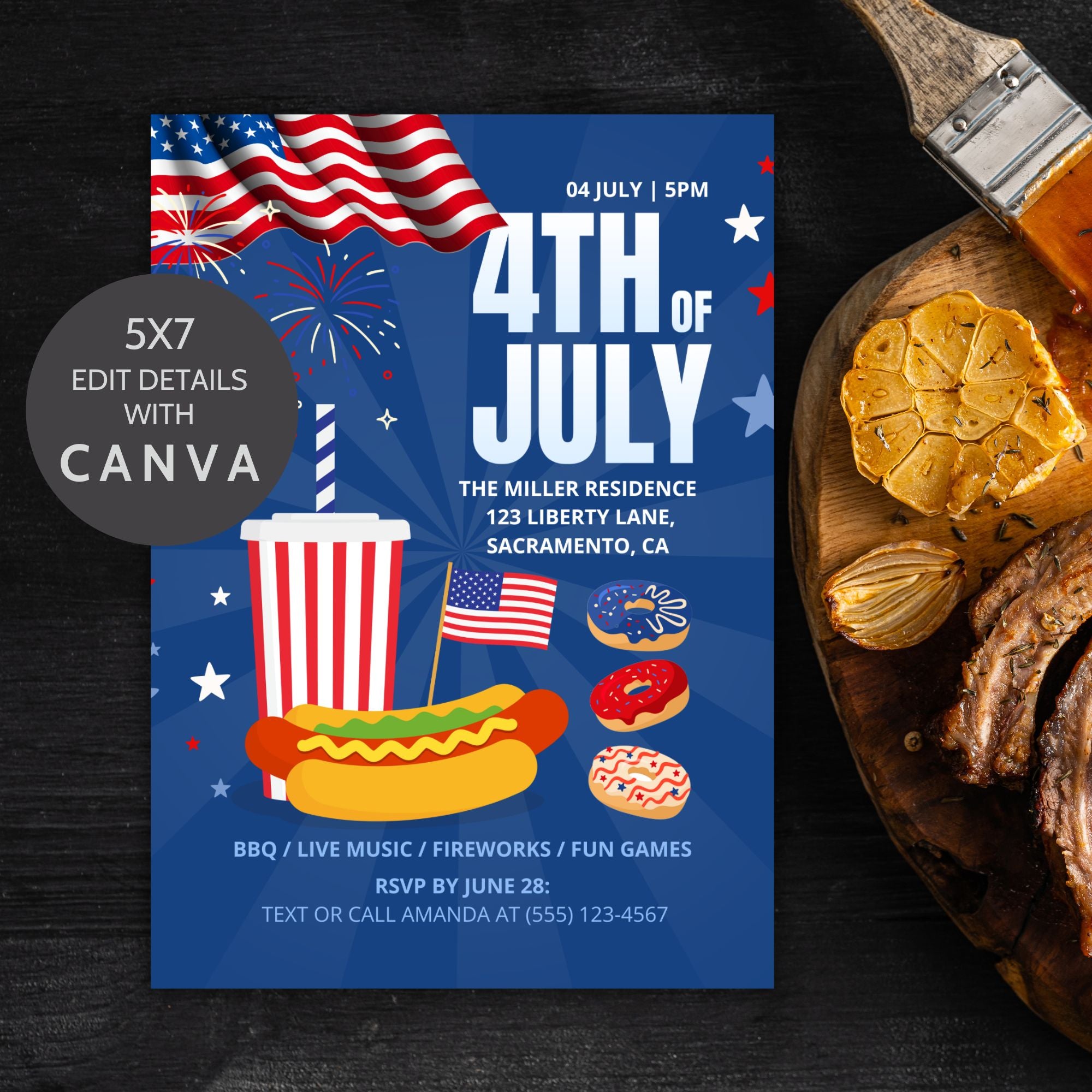 Editable 4th of July party invitation featuring hotdogs, donuts, soda, fireworks, and American flag. Perfect for backyard BBQs, fireworks, and family fun.