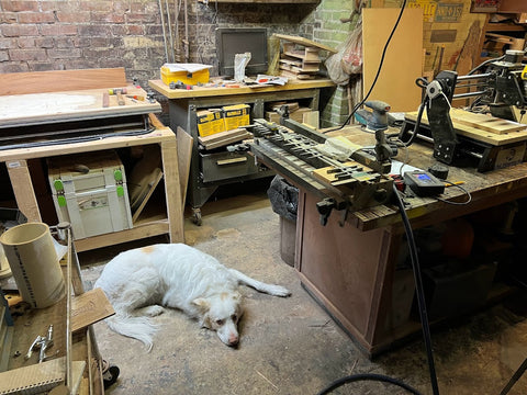 picture of a wood shop and CNCs with a dog laying on the floor looking up