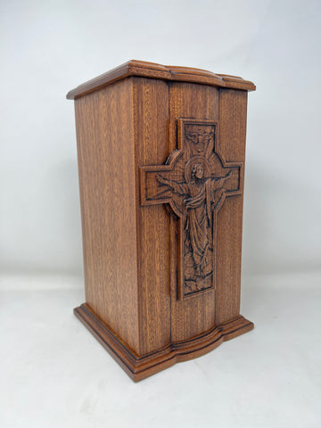   Mahogany Cremation Urn - Carved Jesus Ascending on Cross with Dove - Memorial Keepsake