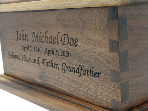 Handcrafted Walnut Hardwood Cremation Urn with Dovetailed Corners and Carved Fishing Scene - Serene Image of a Fisherman Catching a Trout in a Stream