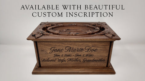 beautiful cherry hardwood cremation urn with personalized inscription on the face