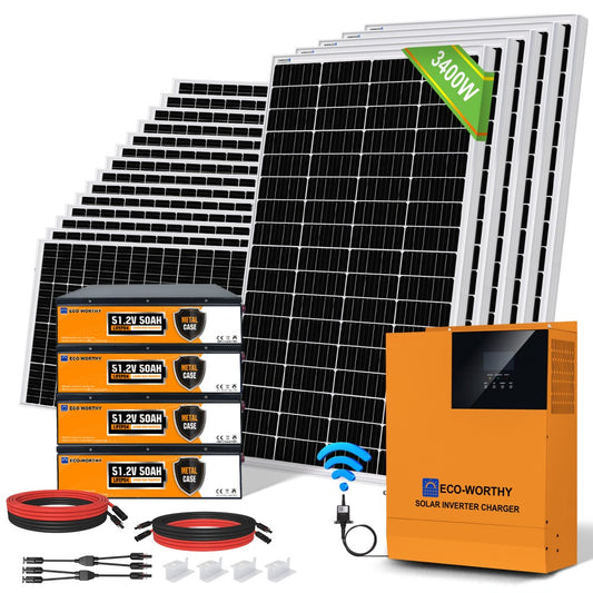 ECO-WORTHY Système d'alimentation solaire 2000 W 24 V avec batterie et  onduleur pour la maison : 10 panneaux solaires 195 W + 4 batteries au  lithium